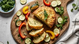 cake salé végétarien sur planche en bois avec légumes