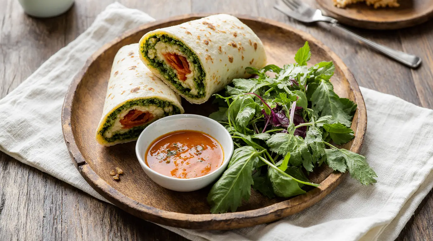 wrap-vegetarien-servi-avec-sauce-rouge wrap vegetarien servi avec sauce rouge