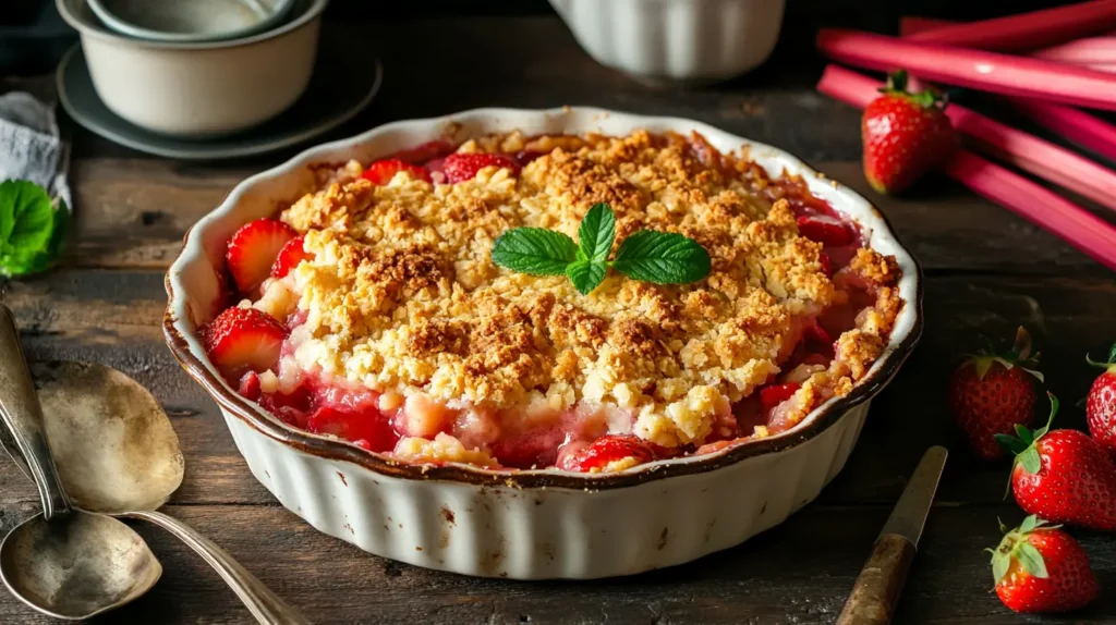 crumble rhubarbe fraise doré en plat rustique