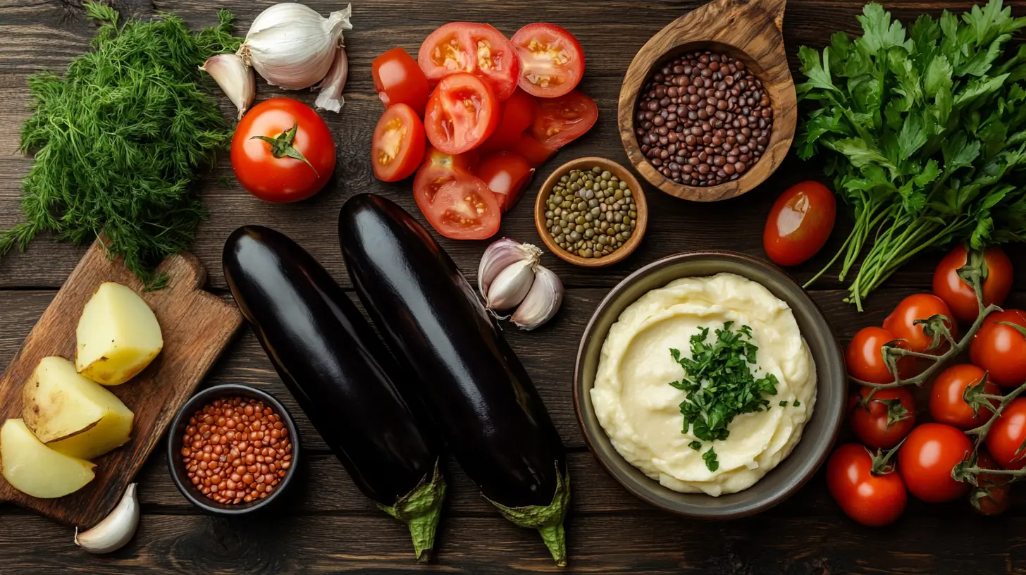 ingrédients moussaka végétarien sur table en bois