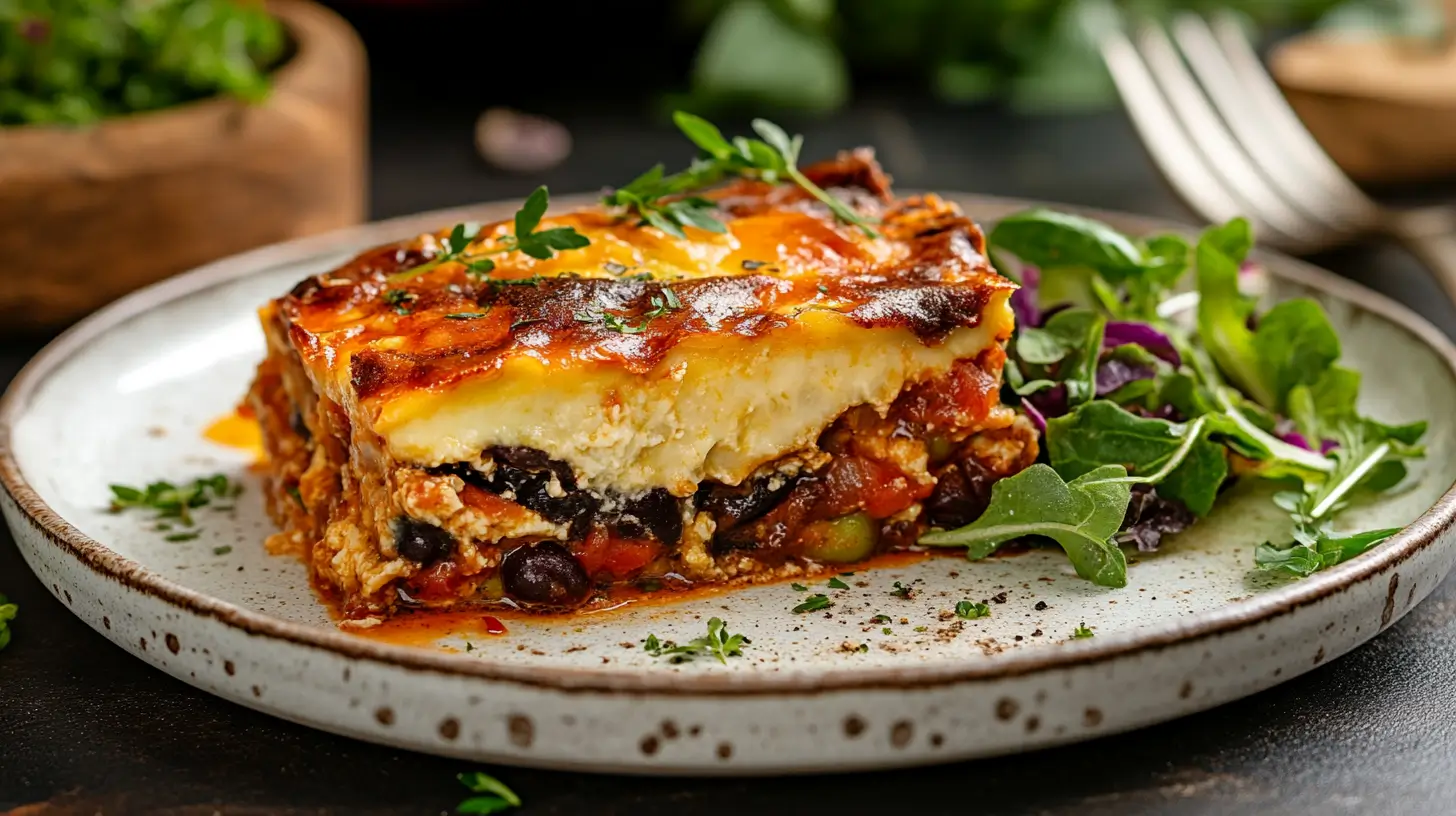 part de moussaka végétarien servie à l’assiette