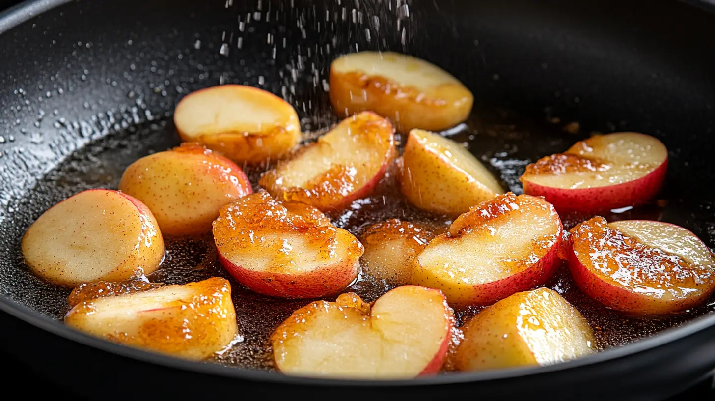 Pommes caramélisées dans une poêle pour clafoutis