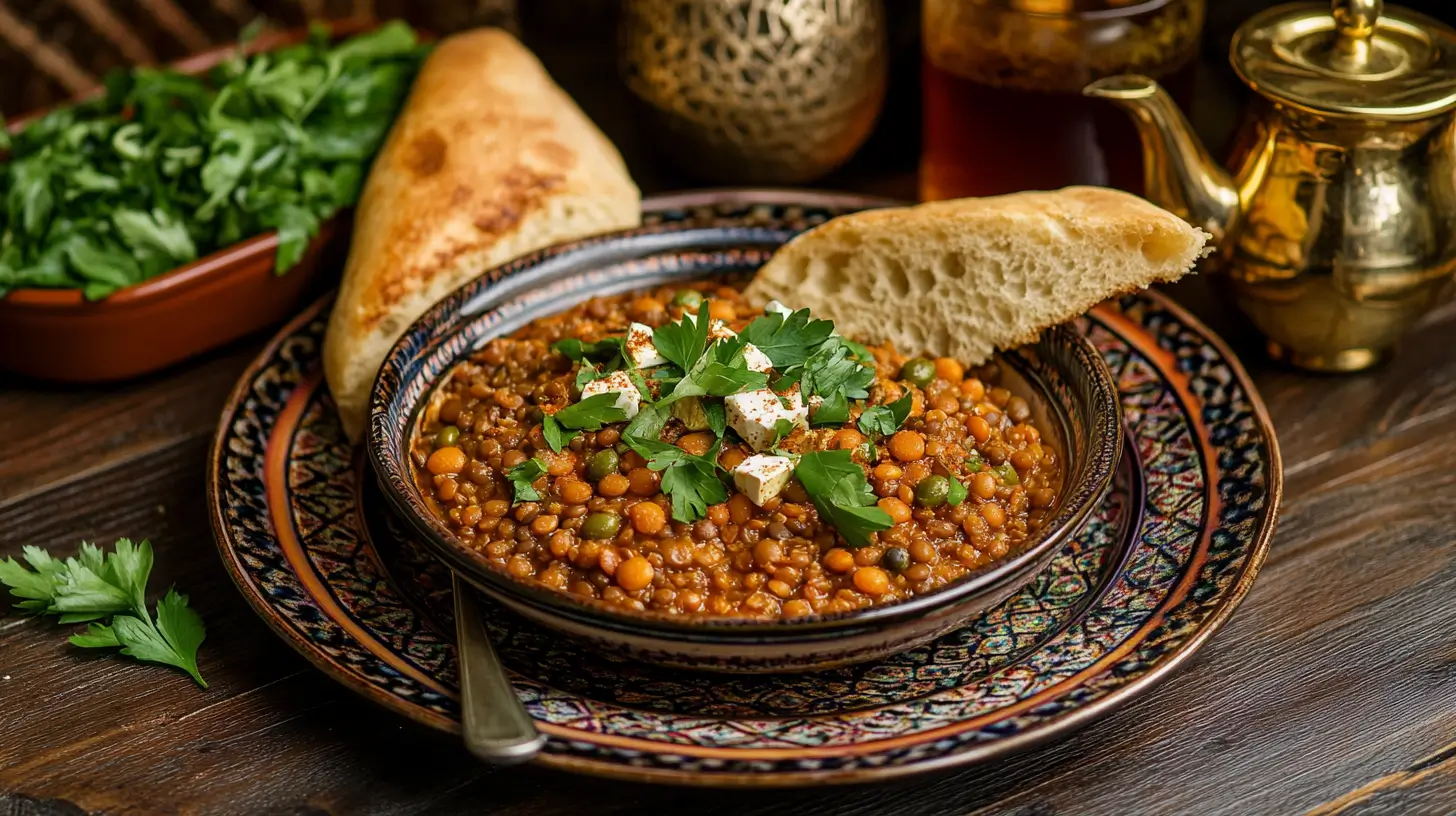 présentation de lentilles marocaine avec pain