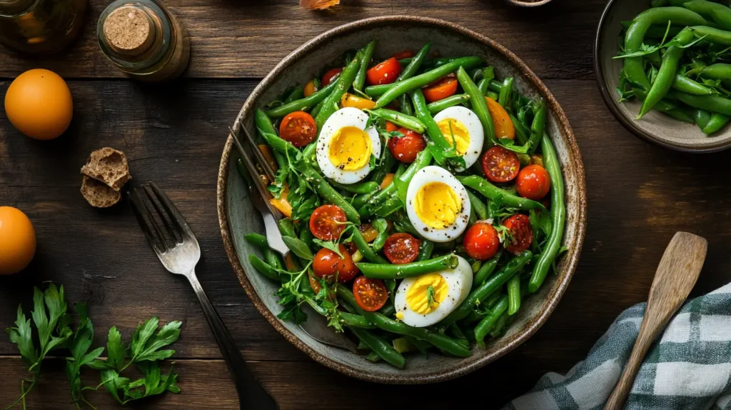 salade haricots verts sur table en bois