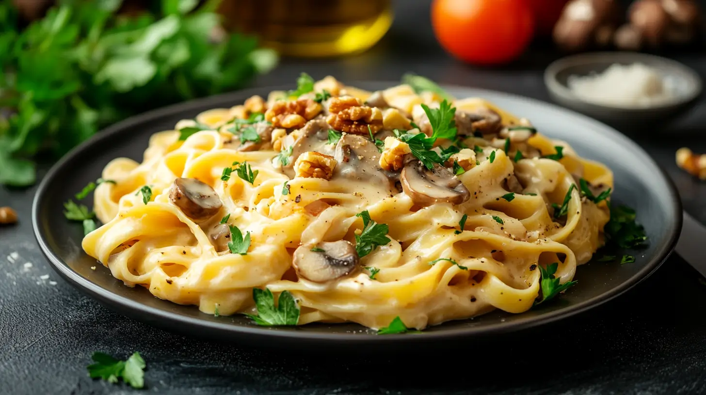 tagliatelle-champignons-noix pâtes végétariennes crémeuses aux champignons