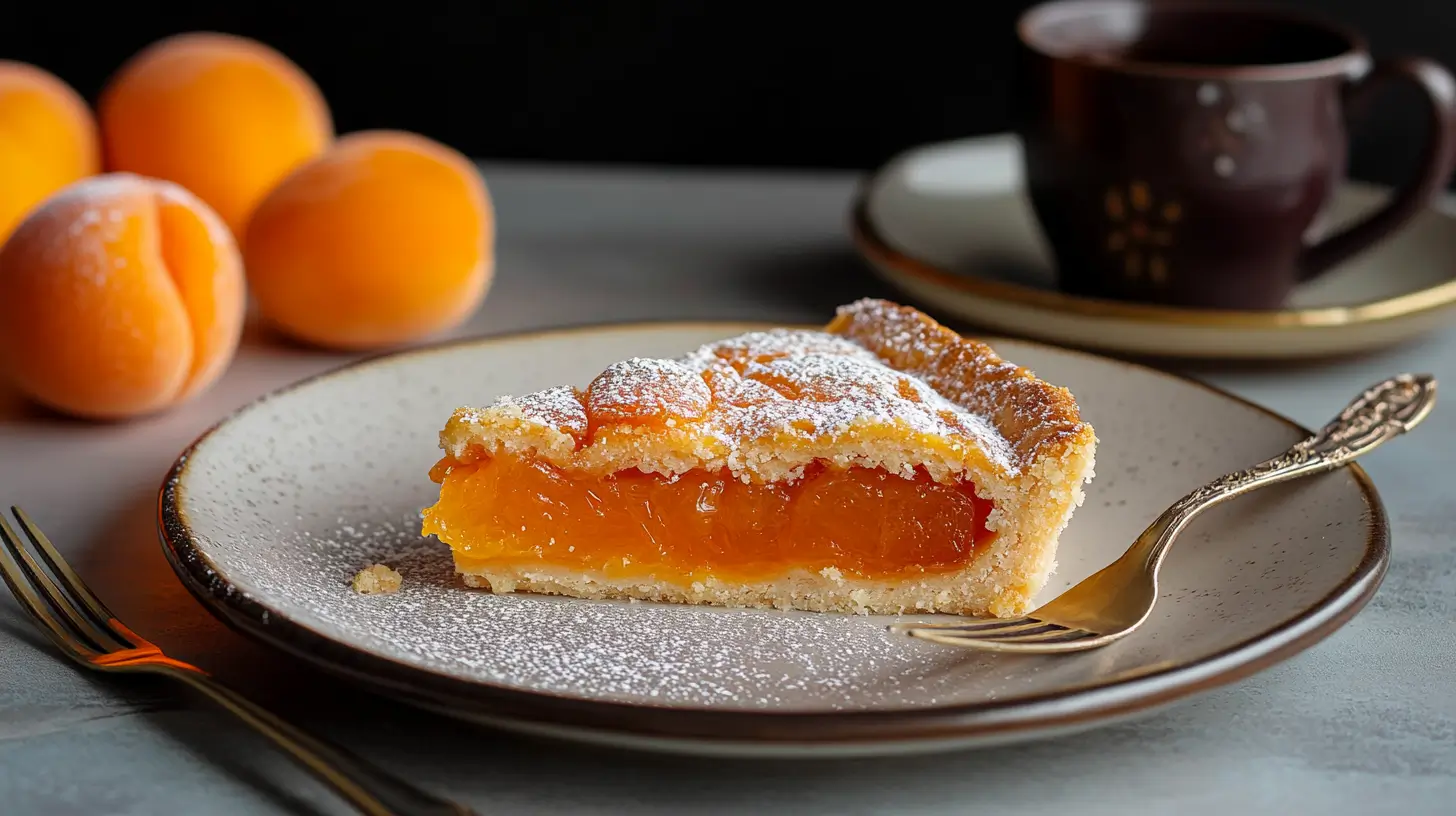 tarte-abricot-amande-servie Part de tarte abricot poudre amande marmiton servie à table avec café