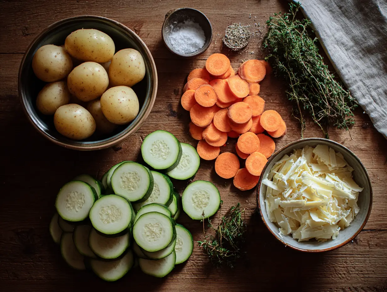 Ingrédients pour gratin courgette carotte pomme de terre