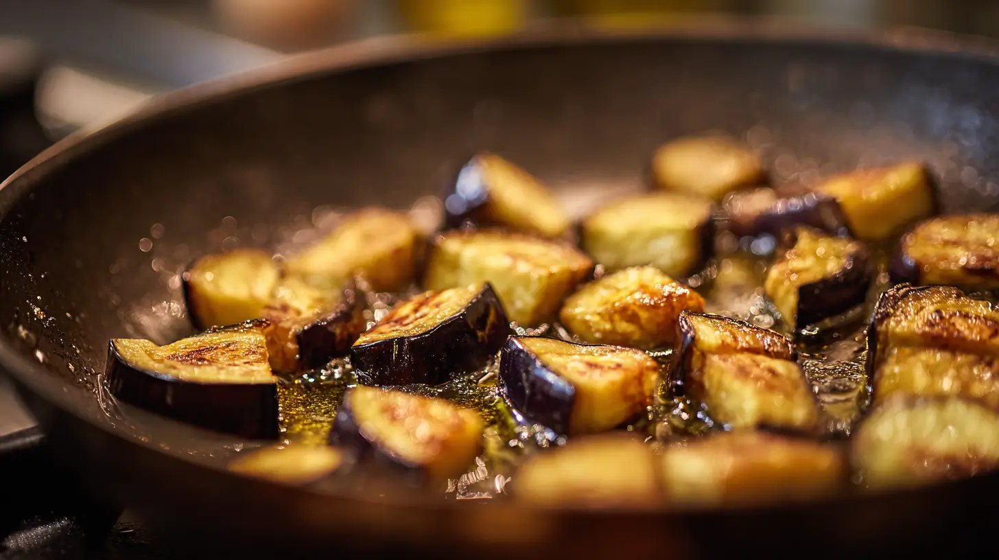 aubergines-cuites-maghmour Aubergines en dés en train de dorer pour un maghmour libanais