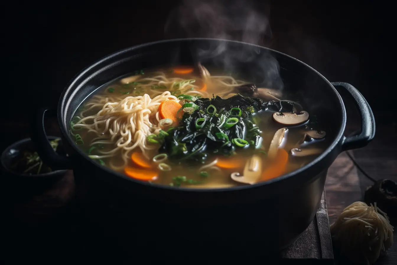 préparation du bouillon de ramen végétarien aux légumes et miso