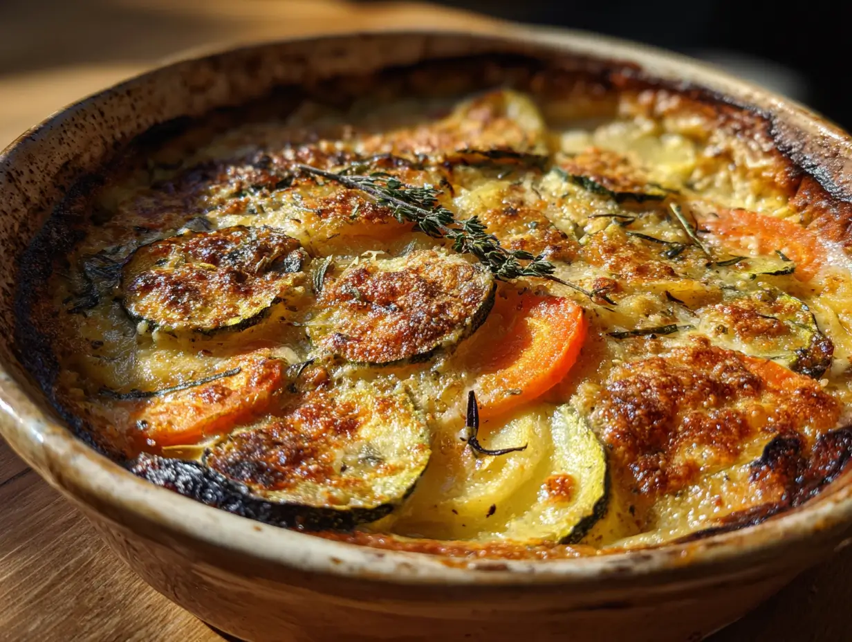 Gratin courgette carotte pomme de terre doré en plat rustique