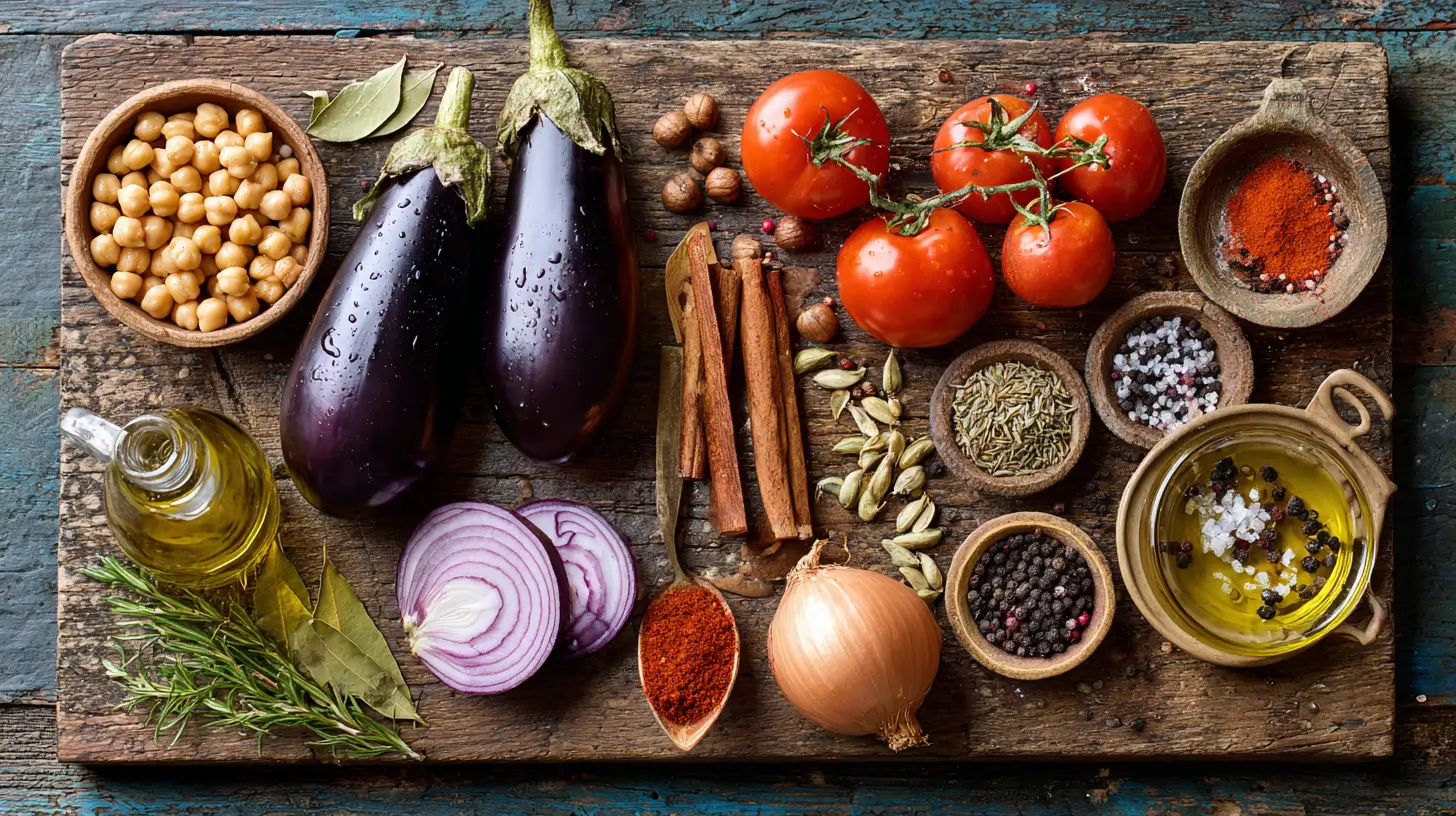 ingredients-maghmour-libanais Ingrédients frais pour maghmour libanais : aubergine, pois chiches et tomate
