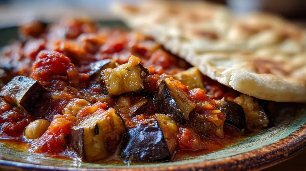 Maghmour libanais traditionnel dans une assiette rustique avec pain pita