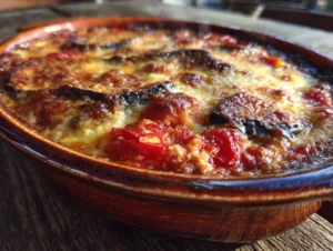 Moussaka italienne végétarienne gratinée dans un plat rustique