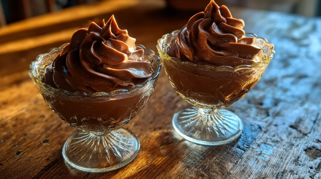 mousse au chocolat servie dans des verrines anciennes