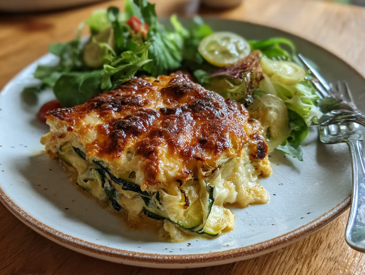 part-gratin-servi part de gratin de courgettes au parmesan avec salade