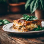 Part de moussaka italienne servie avec basilic