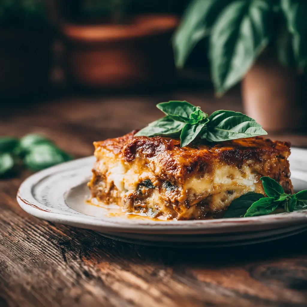Part de moussaka italienne servie avec basilic