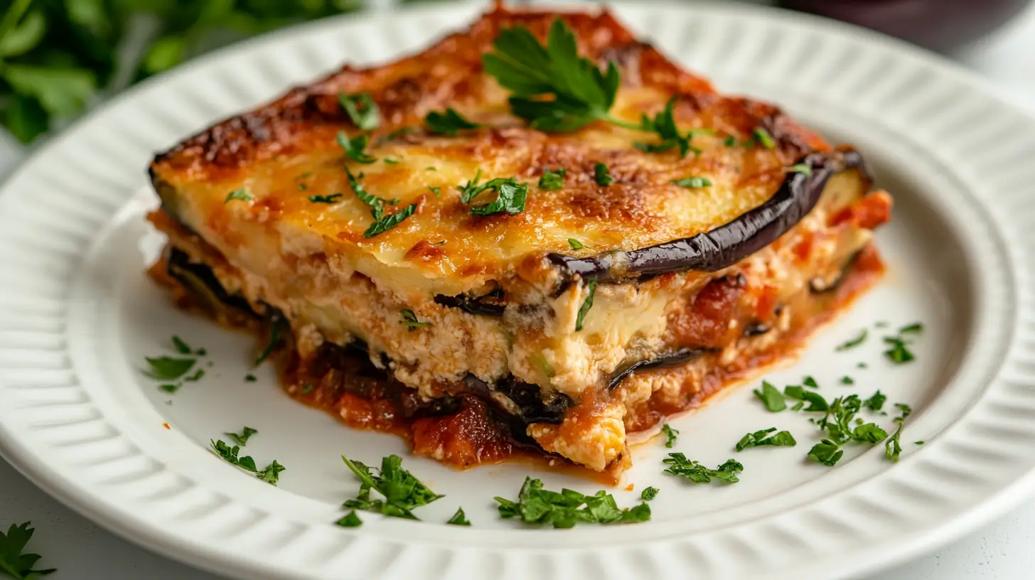 portion-gratin-courgettes-aubergines portion de gratin de courgettes et aubergines servie