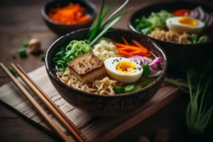 ramen végétarien dans un bol fumant avec légumes colorés