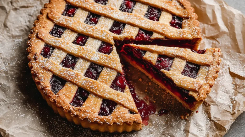 gâteau basque cerise doré sur assiette rustique