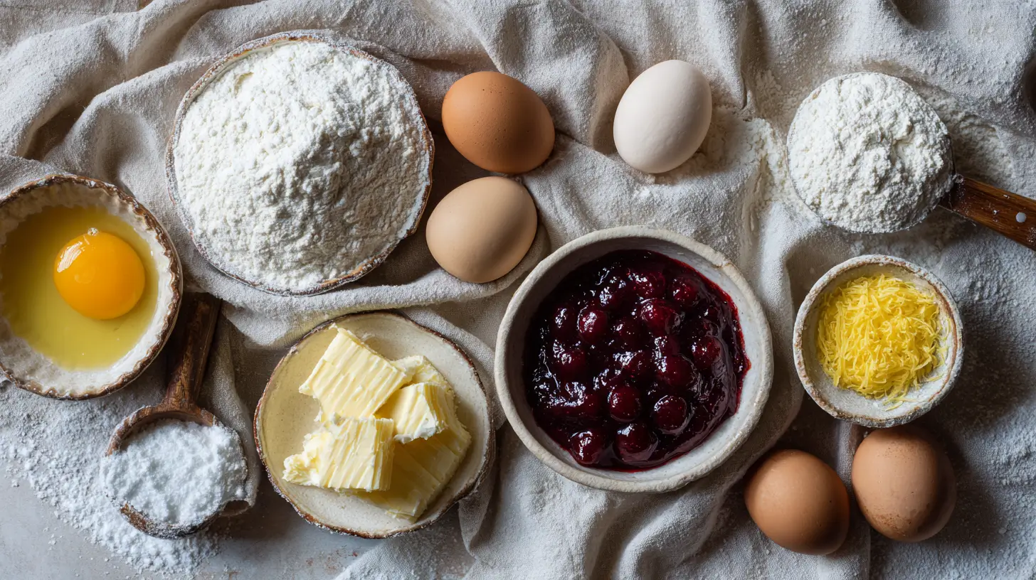 ingredients-gateau-basque-cerise ingrédients gâteau basque cerise étalés sur table