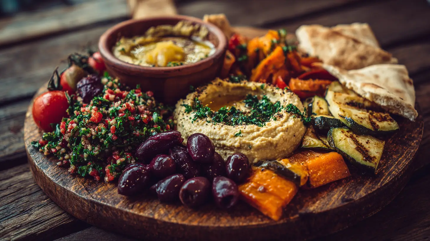 mezze-vegetarien-dimanche Assiette de mezze végétariens avec houmous, légumes et pita