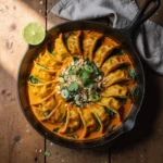Dumplings au four : gyozas, curry rouge et coco en un plat 7 Dumplings au four vu de dessus, prêt à servir, pour la fiche recette