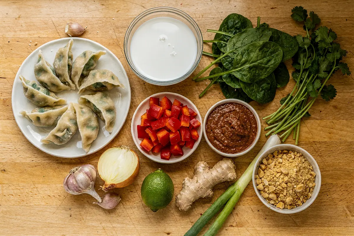 Dumplings au four : gyozas, curry rouge et coco en un plat 8 Ingrédients des dumplings au four : gyozas de légumes, lait de coco, curry rouge, épinards et citron vert