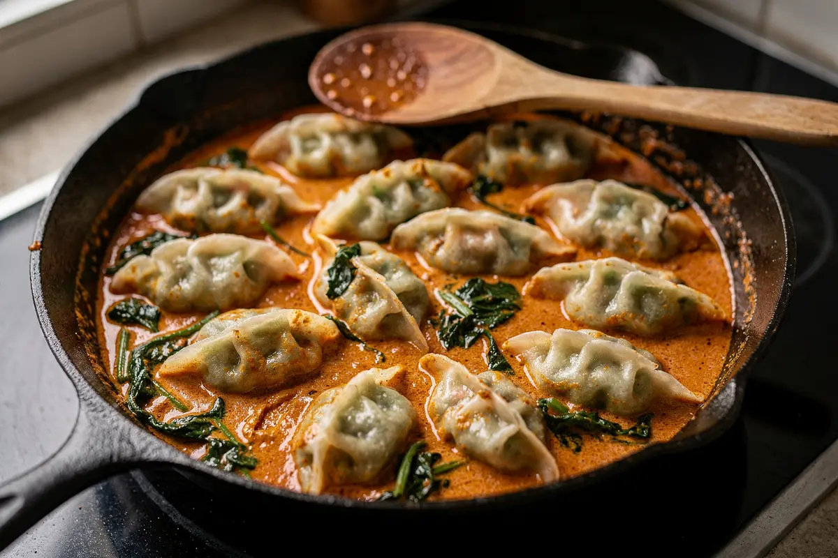 Dumplings au four : gyozas, curry rouge et coco en un plat 9 Gyozas surgelés disposés dans la sauce coco au curry rouge et aux épinards avant l'enfournement