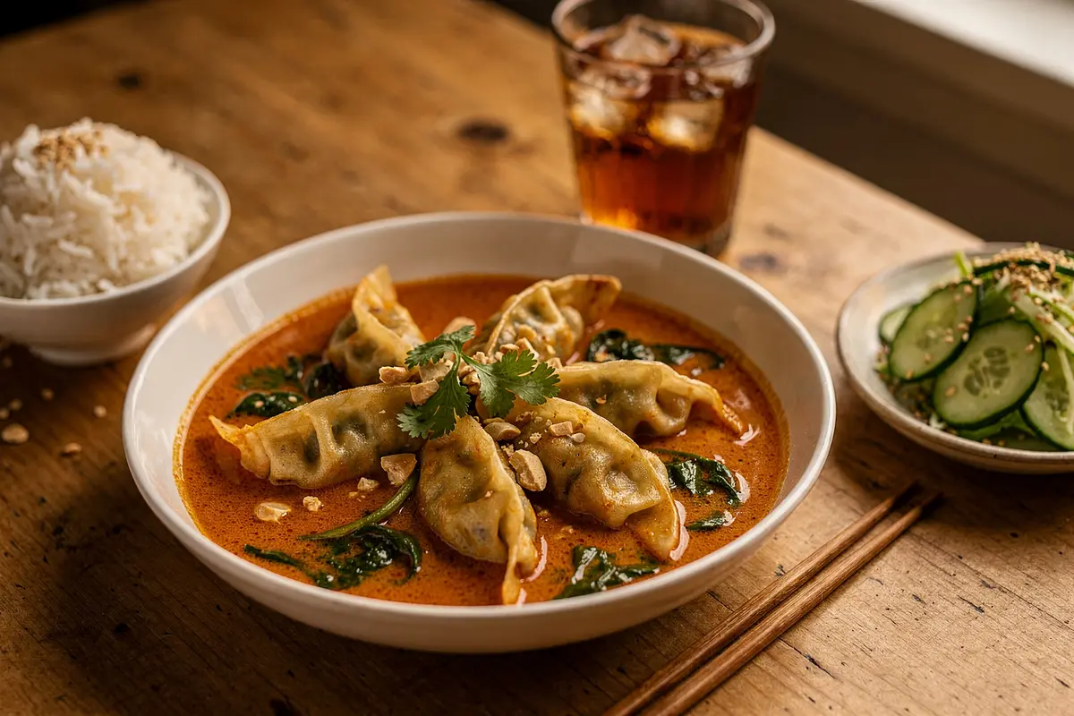 Dumplings au four : gyozas, curry rouge et coco en un plat 10 Portion de dumplings au four avec riz jasmin, salade de concombre et thé glacé sur une table en bois