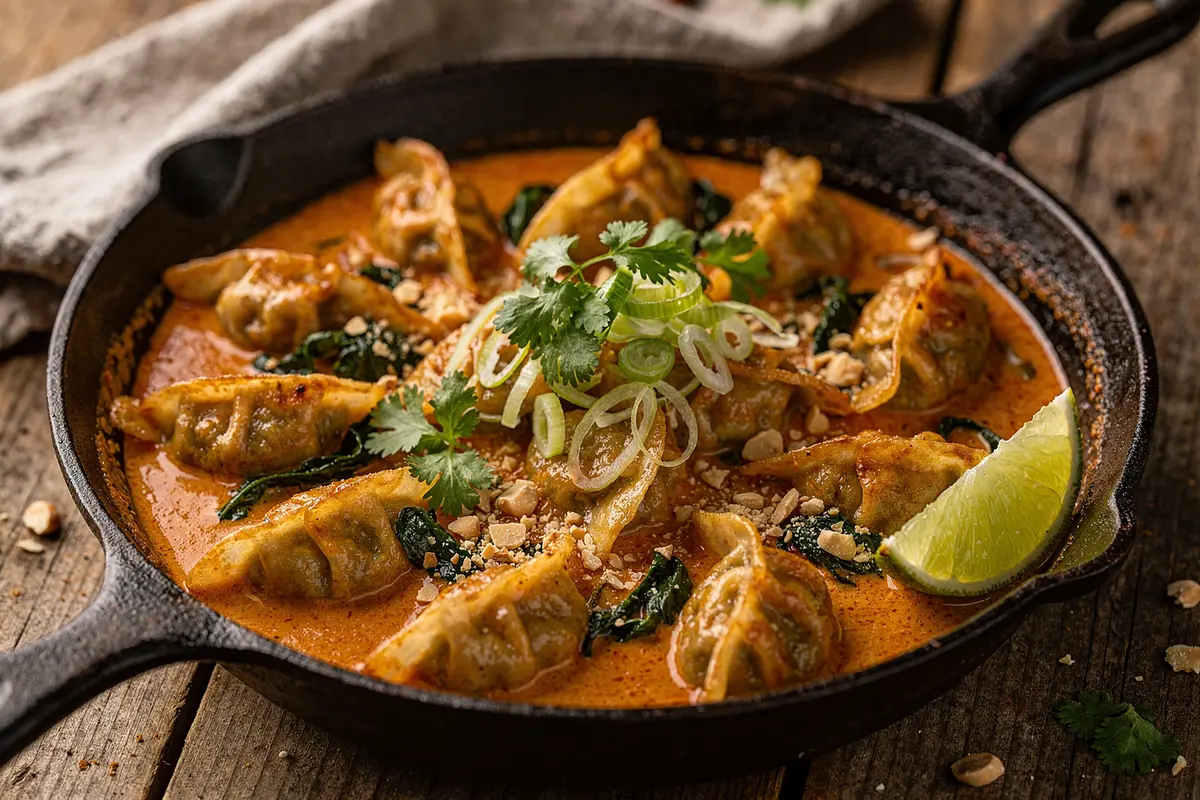 Dumplings au four : gyozas, curry rouge et coco en un plat 6 Dumplings au four dorés dans une sauce coco et curry rouge, servis dans une sauteuse avec coriandre