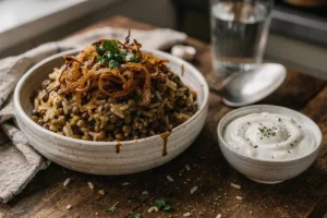 Mujaddara libanaise de lentilles brunes et riz couronnée d'oignons caramélisés dans un bol