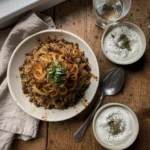 Mujaddara : lentilles, riz et oignons caramélisés maison 7 Mujaddara vu de dessus, prêt à servir, pour la fiche recette