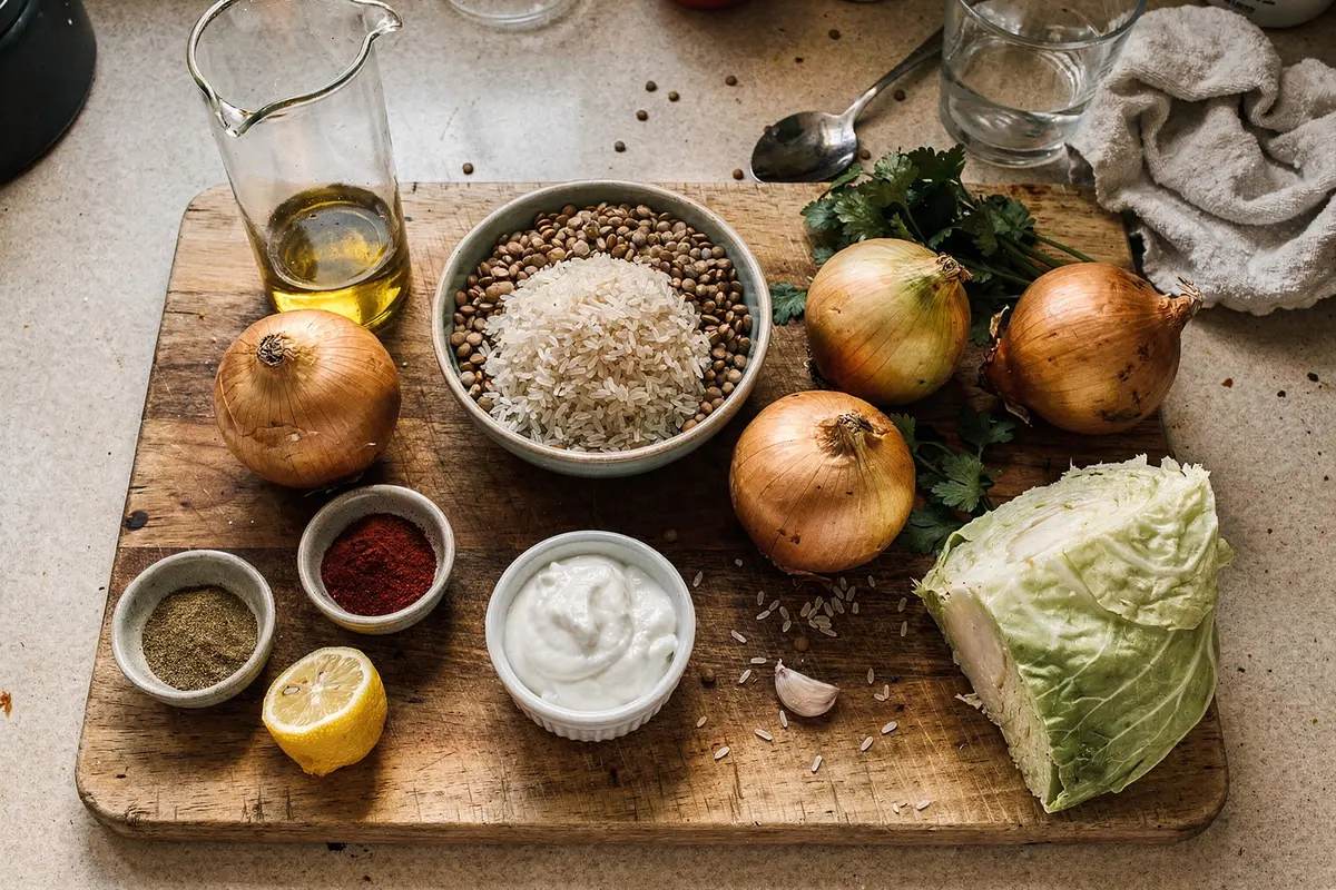 Mujaddara : lentilles, riz et oignons caramélisés maison 8 Ingrédients de la mujaddara : lentilles brunes, riz basmati, oignons, épices, yaourt et chou blanc