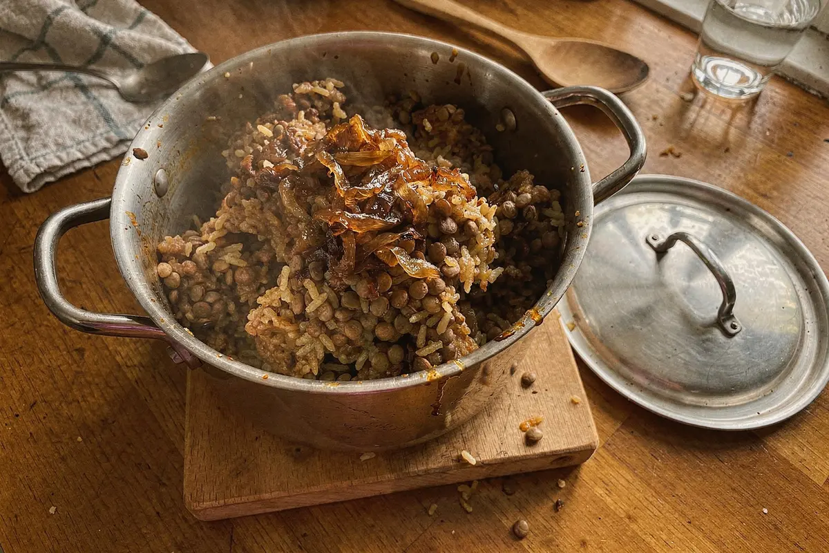 Mujaddara : lentilles, riz et oignons caramélisés maison 9 Lentilles et riz de la mujaddara avec des oignons caramélisés dans une casserole sur la plaque de cuisson