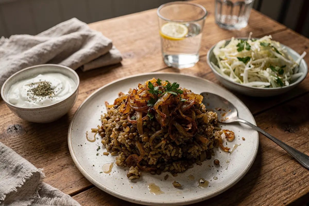 Mujaddara : lentilles, riz et oignons caramélisés maison 10 Assiette de mujaddara servie avec yaourt à la menthe et salade de chou blanc sur une table en bois