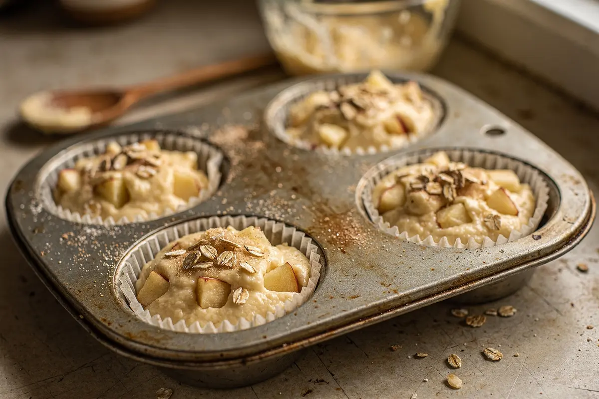 Pâtisserie végane astuces : 10 conseils faciles pour réussir vos gâteaux 9 Pâte à muffins végans aux dés de pomme répartie dans un moule, prête à passer au four