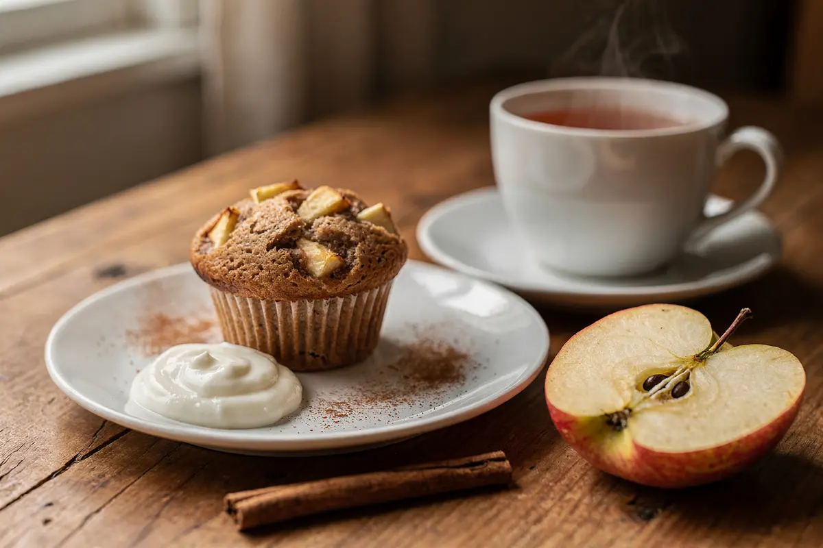 Pâtisserie végane astuces : 10 conseils faciles pour réussir vos gâteaux 10 Muffin pomme cannelle végan servi avec un thé chaud et du yaourt de soja sur une table en bois