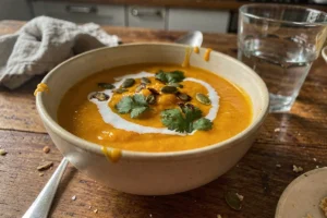 Velouté de butternut au lait de coco servi dans un bol crème avec graines de courge et coriandre