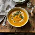 Velouté de butternut coco et gingembre : prêt en 30 minutes 6 Velouté de butternut vu de dessus, prêt à servir, pour la fiche recette