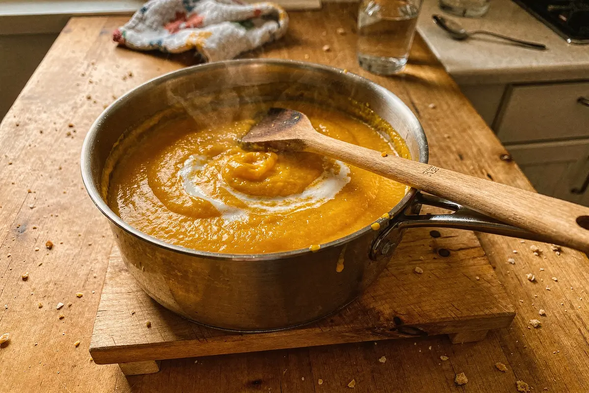 Velouté de butternut coco et gingembre : prêt en 30 minutes 7 Velouté de butternut lisse et orangé dans sa casserole sur la cuisinière, avant d'être servi