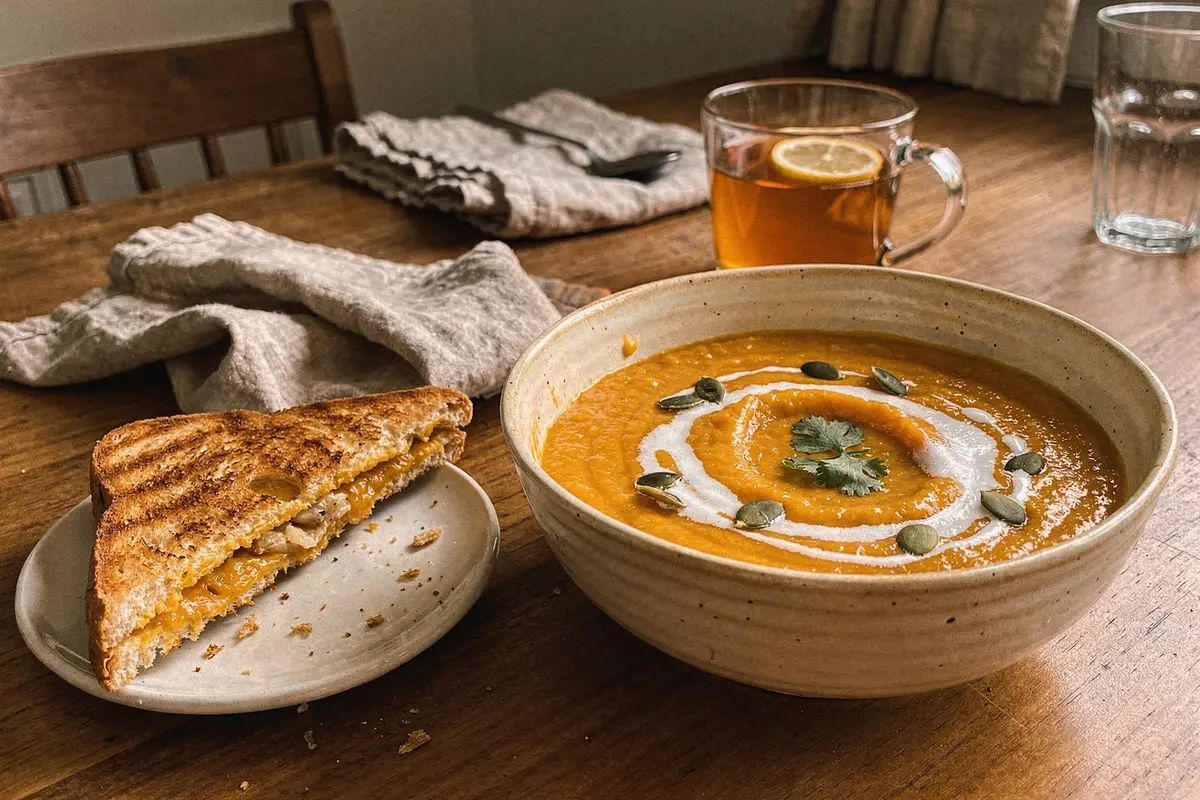 Velouté de butternut coco et gingembre : prêt en 30 minutes 8 Bol de velouté de butternut servi avec une demi-tartine grillée et une infusion de gingembre