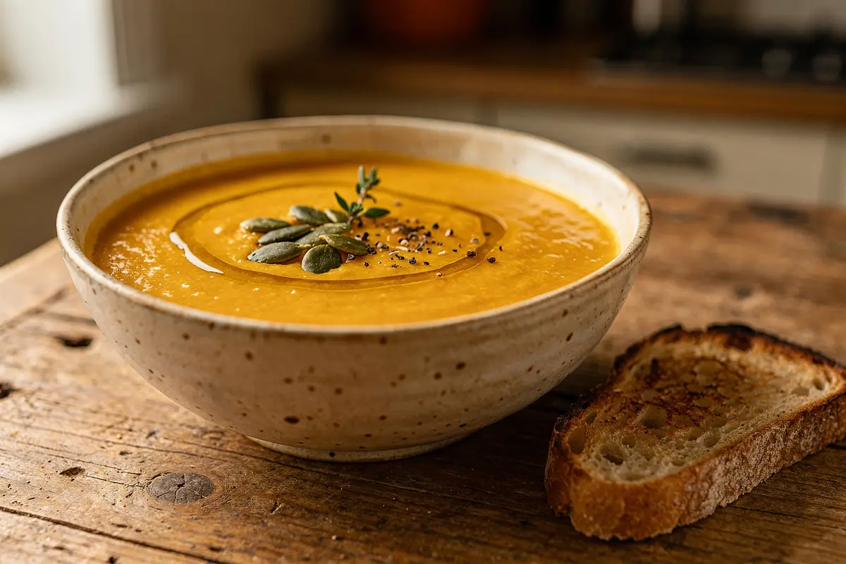 Velouté de potimarron : recette crémeuse sans crème 6 Velouté de potimarron orange dans un bol en grès, graines de courge, filet d'huile d'olive et thym
