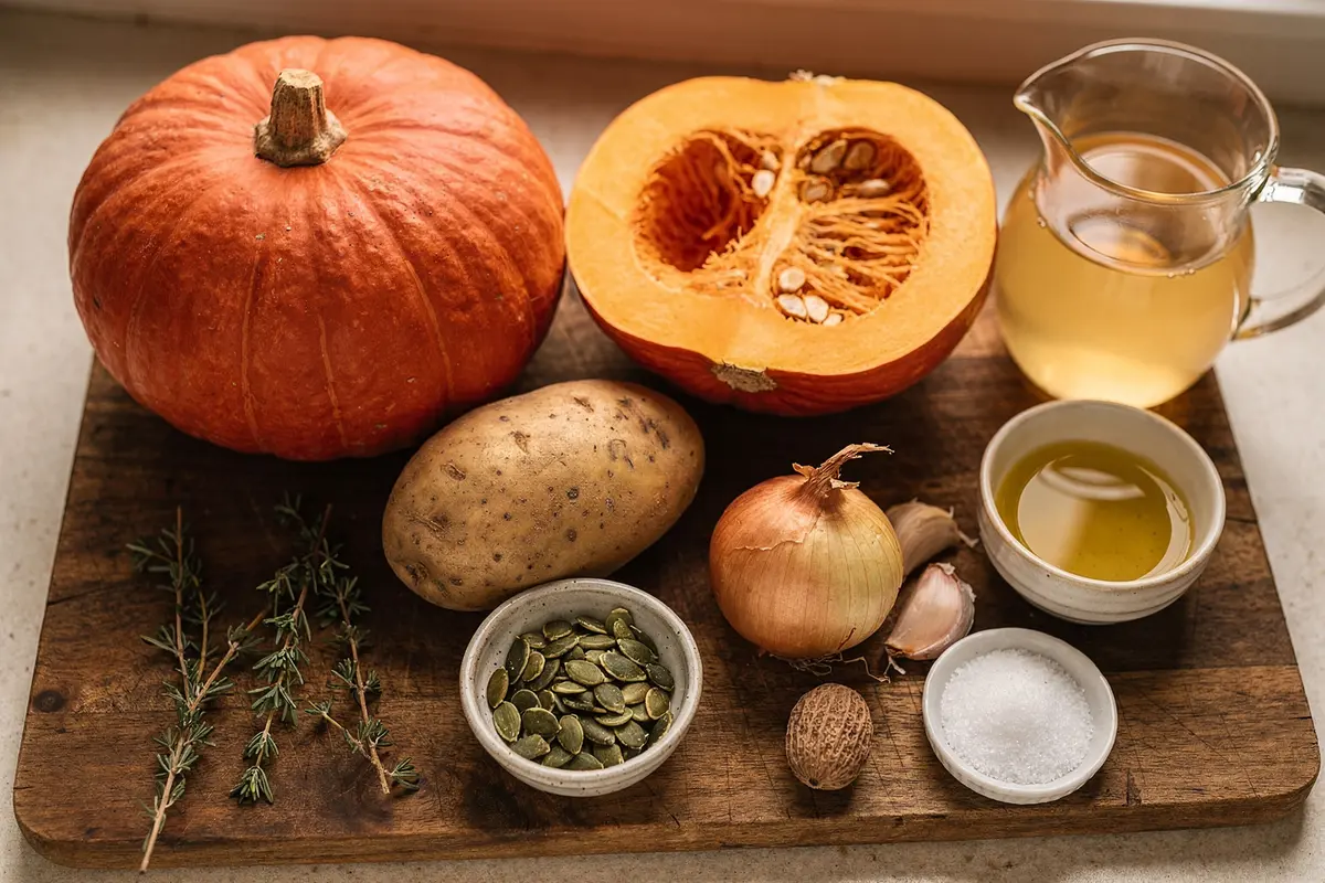 Velouté de potimarron : recette crémeuse sans crème 8 Ingrédients du velouté de potimarron : potimarron, pomme de terre, oignon, ail, thym et graines de courge