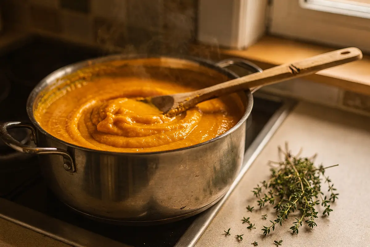 Velouté de potimarron : recette crémeuse sans crème 9 Velouté de potimarron lisse et brillant dans une cocotte sur la cuisinière après le mixage