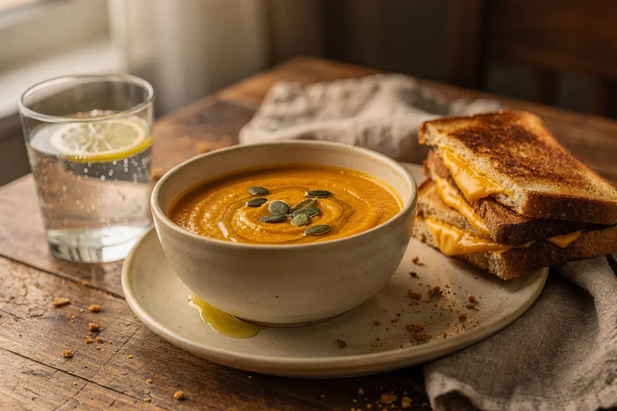 Velouté de potimarron : recette crémeuse sans crème 10 Velouté de potimarron servi avec un croque monsieur végétarien et un verre d'eau citronnée